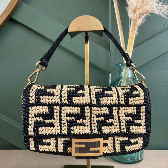 Fendi Handbags - NEW Fendi Raffia Vitello Grace FF Crochet Baguette Natural Black Crossbody Bag